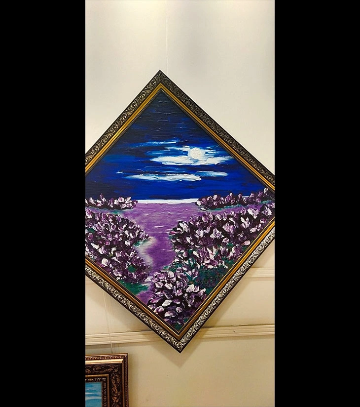 Premium Original Nightscape Art – Sunrise Square: Moonlite Lavender Dreams by Samhita Bhaumik (24"x24" Framed Diamond Acrylic Canvas)