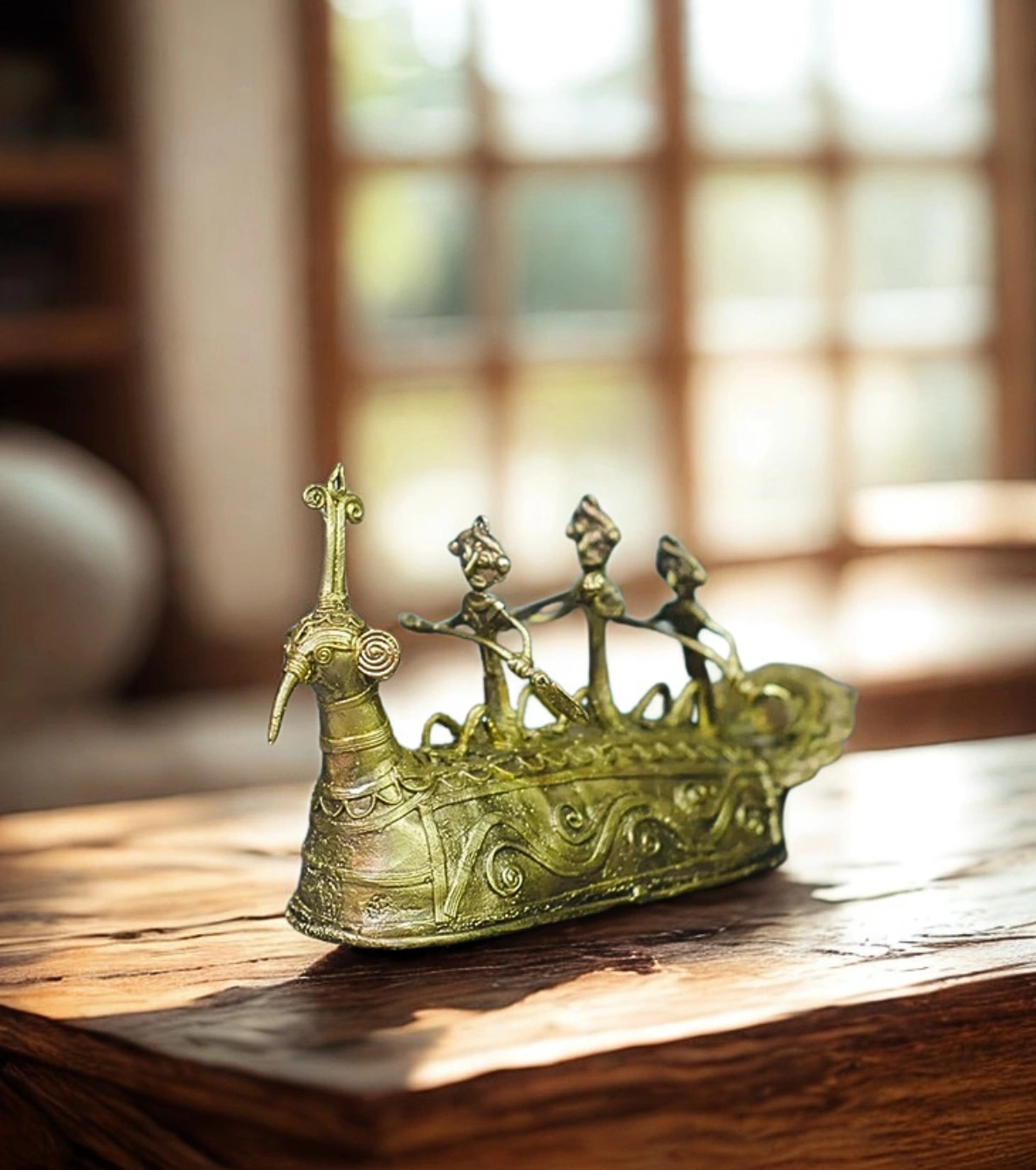 Heritage Dokra Peacock Boat (Mayurpankhi) – Handcrafted Brass Boat with Rowers