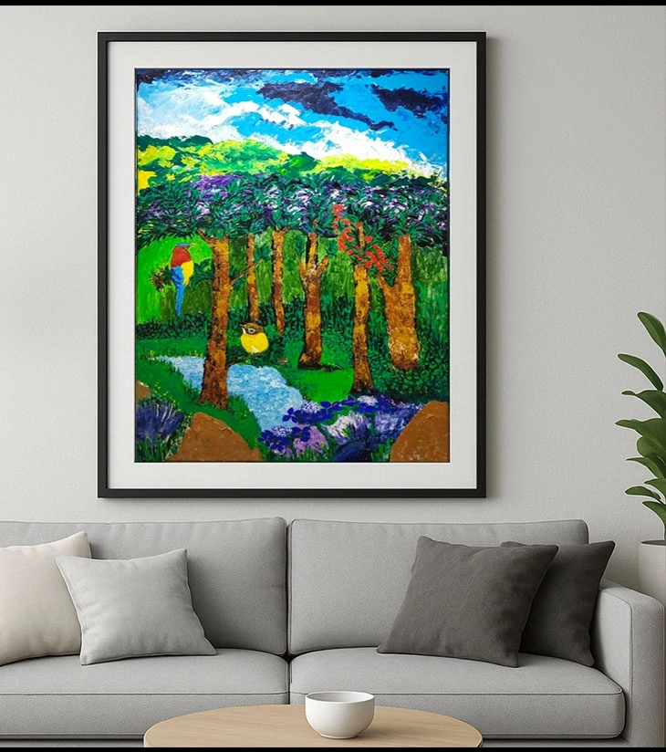 Premium Original Tropical Landscape Art – Sunrise Square: Jungleside by Samhita Bhaumik (24"x36" Framed Acrylic Canvas)