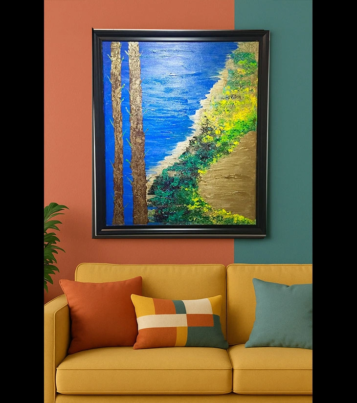 Premium Original Coastal Landscape Art – Sunrise Square: Golden Riverside Escape by Samhita Bhaumik (24"x36" Framed Acrylic Canvas)