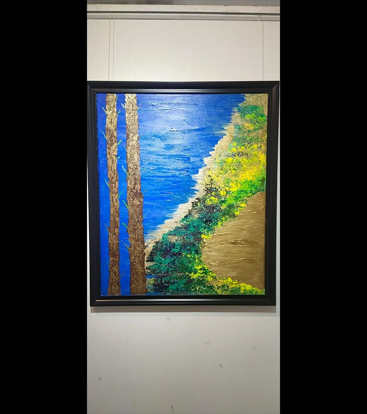 Premium Original Coastal Landscape Art – Sunrise Square: Golden Riverside Escape by Samhita Bhaumik (24"x36" Framed Acrylic Canvas)