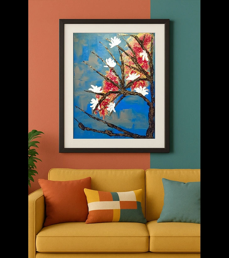 Premium Original Botanical Art – Sunrise Square: Flower Blossom by Samhita Bhaumik (18"x24" Framed Acrylic Canvas)