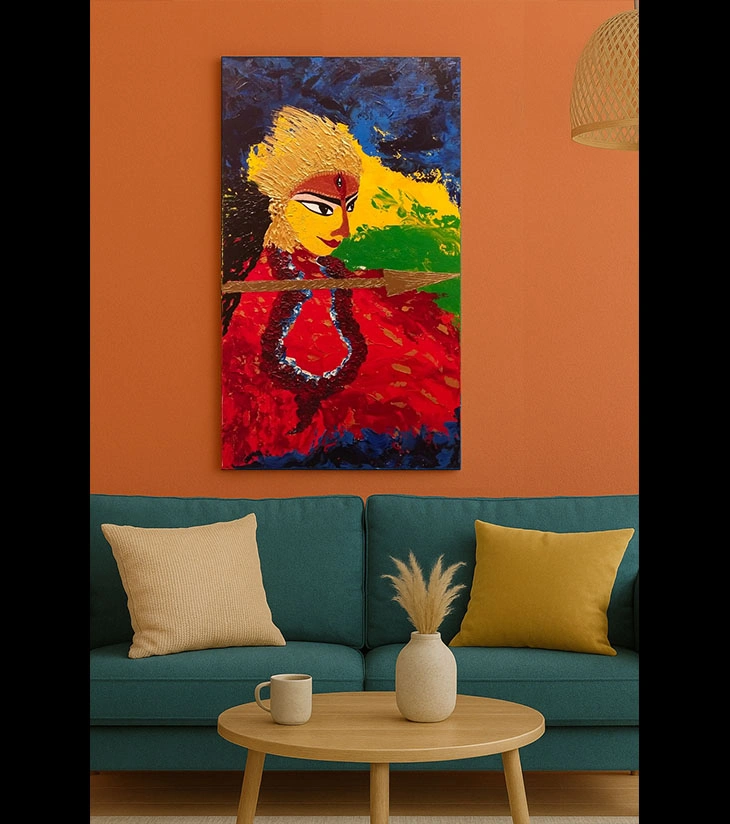 Premium Original Indian Heritage Art – Durga by Samhita Bhaumik (18"x36" Acrylic Impasto Canvas)