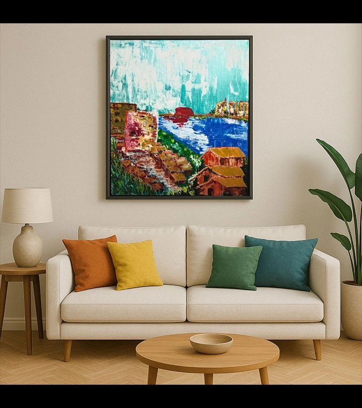 Premium Original Abstract Floral Art – Abstract Flower by Samhita Bhaumik (24"x36" Framed Gold & Blue Acrylic Canvas)