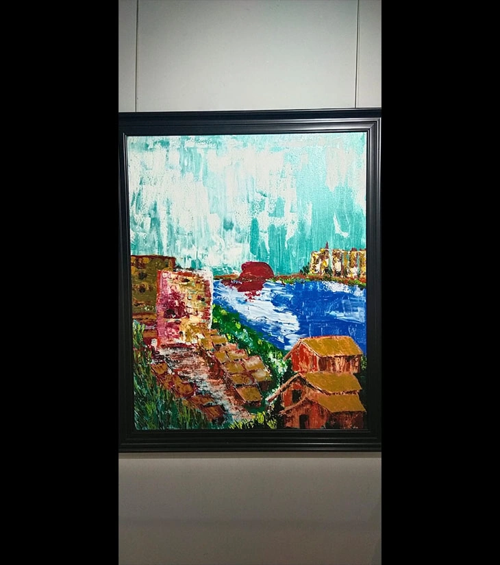 Premium Original Abstract Floral Art – Abstract Flower by Samhita Bhaumik (24"x36" Framed Gold & Blue Acrylic Canvas)