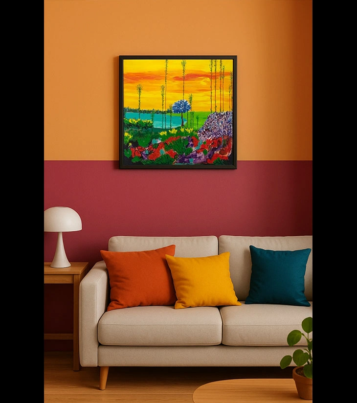 Premium Original Contemporary Art – "Rainbow Garden": Vibrant Landscape by Samhita Bhaumik (24"x36" Framed Acrylic Canvas)