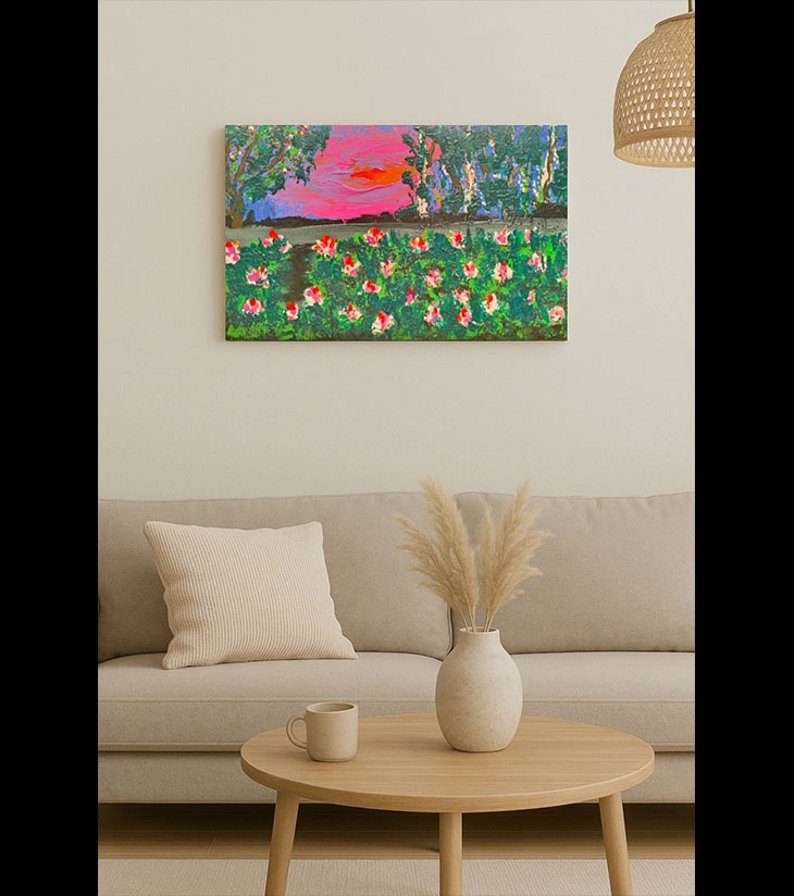 Premium Original Landscape Art – "Blush of Dusk" by Samhita Bhaumik (8"x16" Acrylic Canvas)