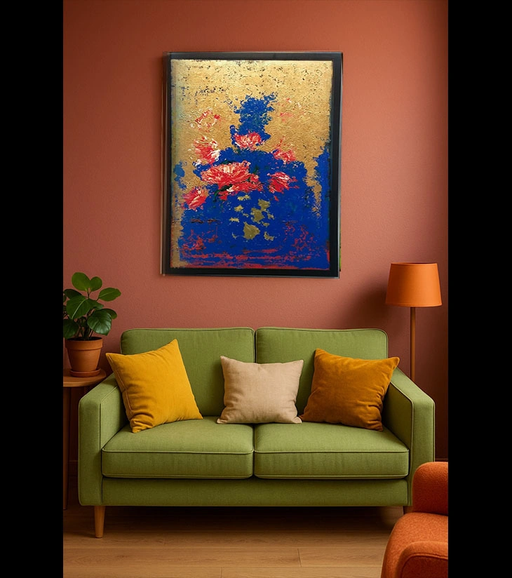 Premium Original Abstract Floral Art – Abstract Flower by Samhita Bhaumik (24"x36" Framed Gold & Blue Acrylic Canvas)