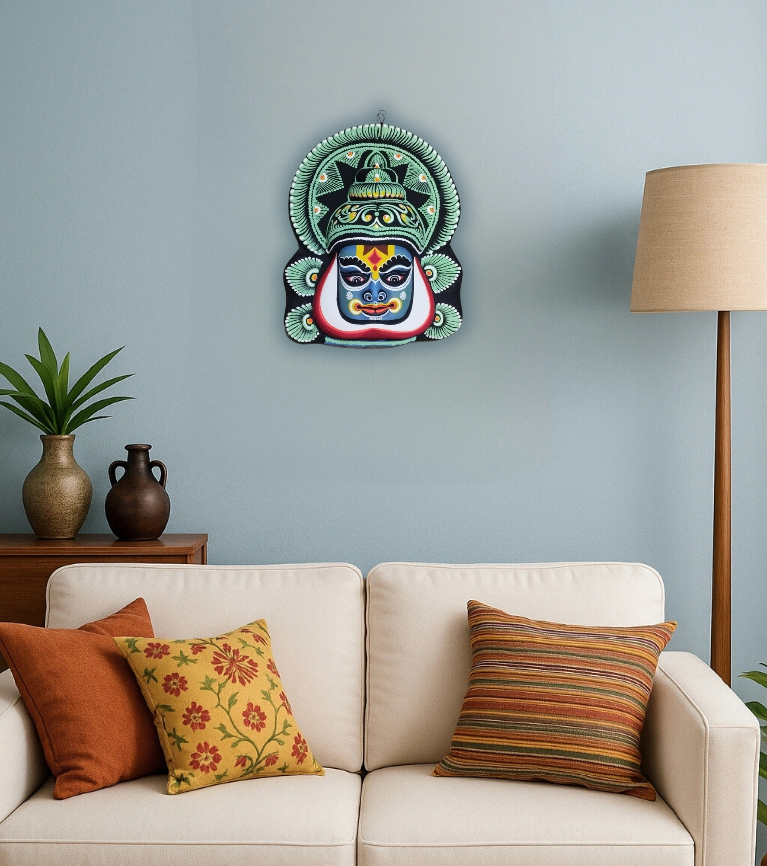 Kathakali Hand-Painted Heritage Wall Mask - Turquoise & Emerald Edition