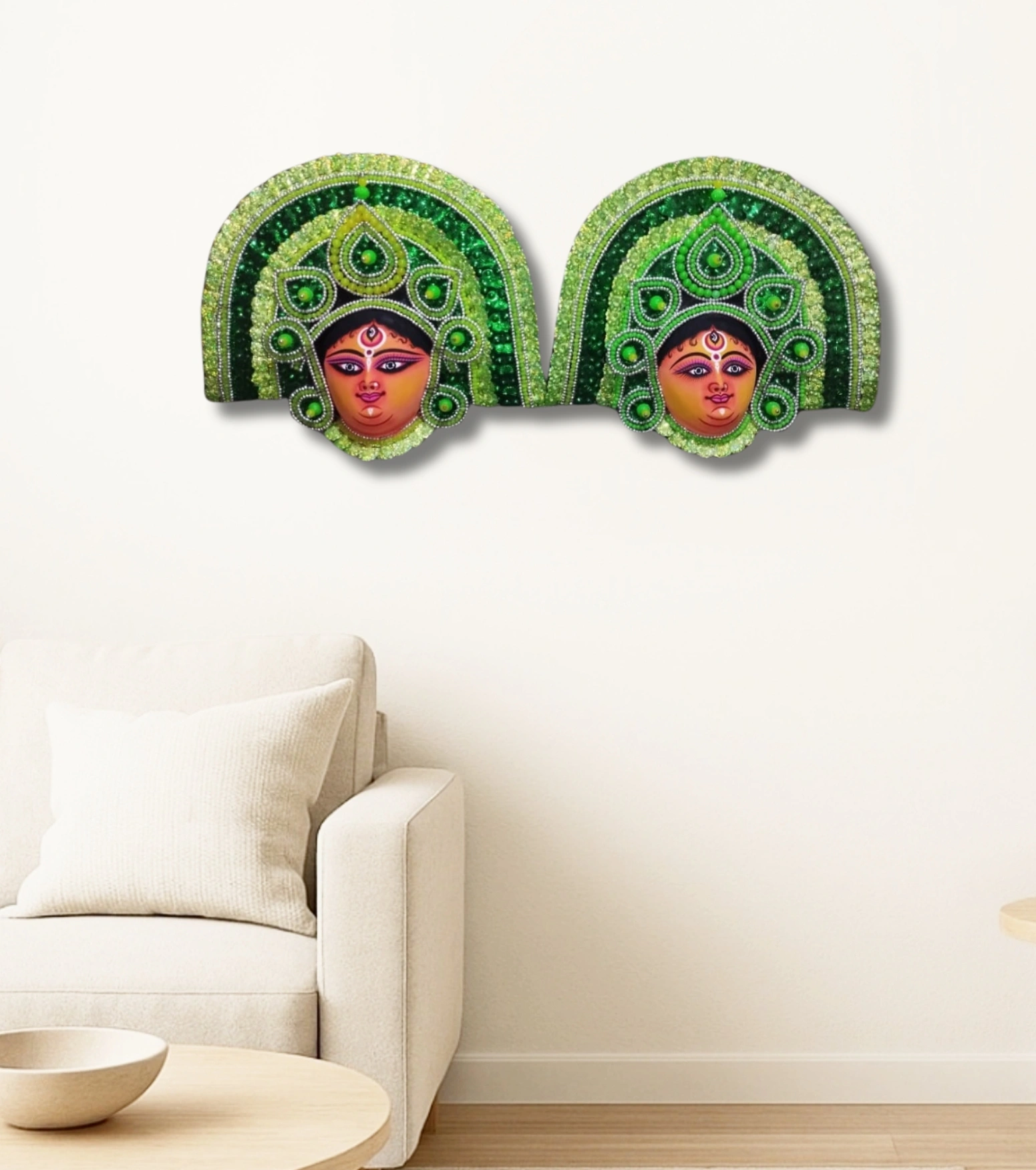 Divine Green Chhau Mask Duo – Handcrafted Purulia Wall Art (Set of 2)