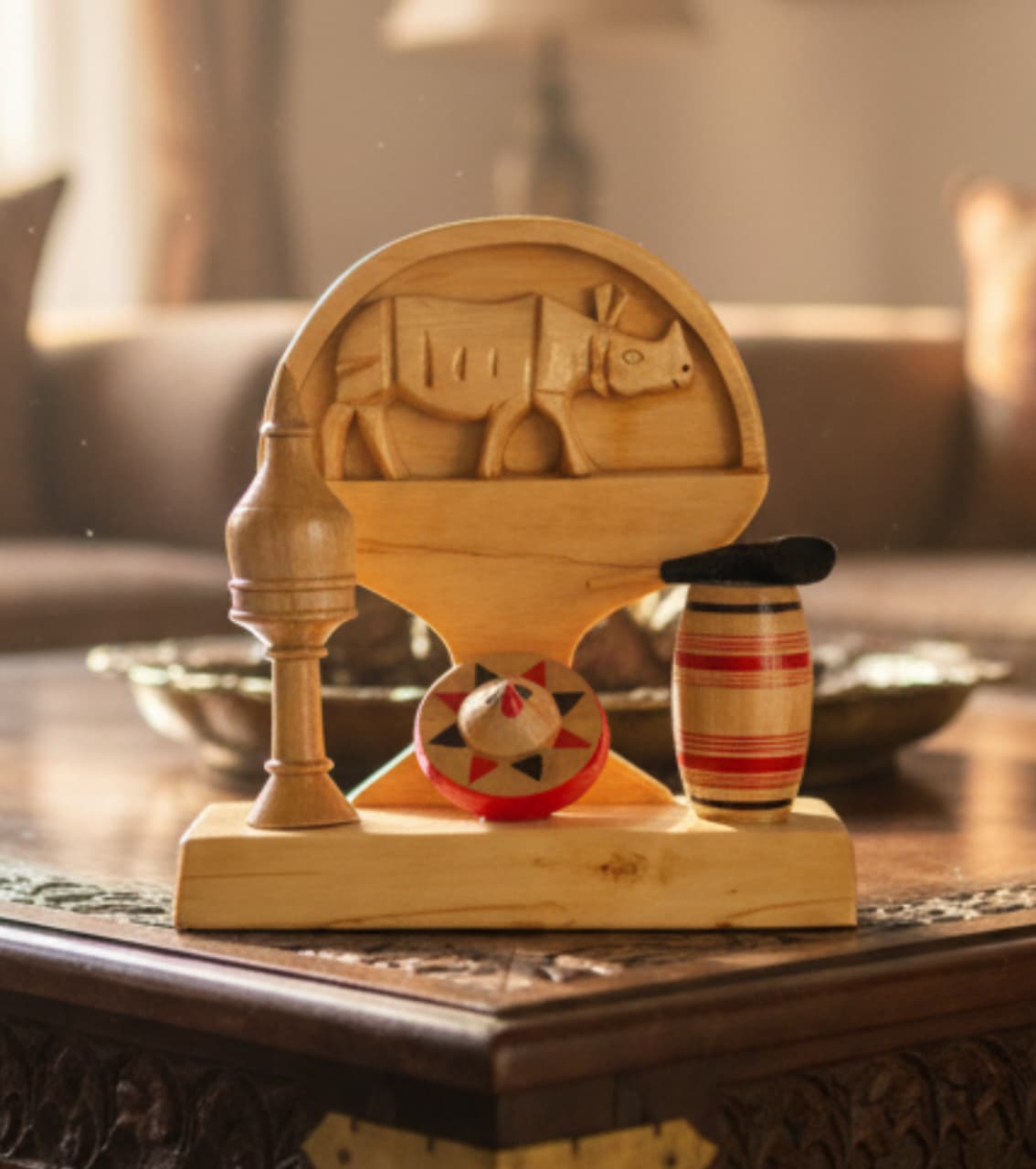 Assam Traditional Wooden Memento - Handcrafted Cultural Decor with Rhino, Jaapi, Xorai, Pepa & Dhol | 13x10x5 inch | Wooden Assamese Showpiece