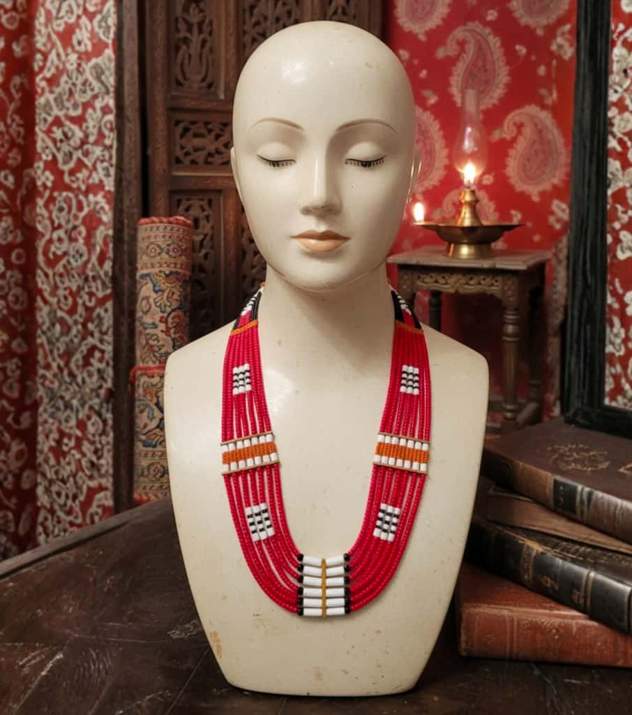 Authentic Handmade Naga Beaded Neckpiece - Vibrant Traditional Red Necklace from Northeast India