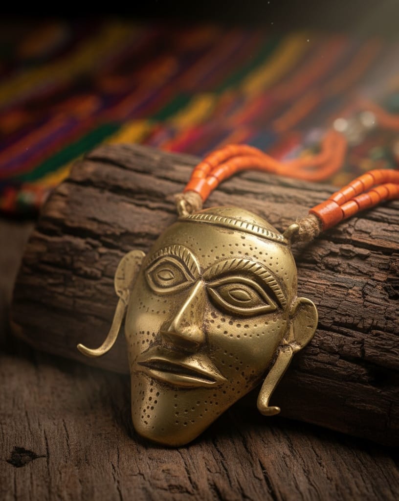 Authentic Handmade Naga Brass Head Neckpiece - Traditional Warrior Trophy Mask Pendant from Northeast India