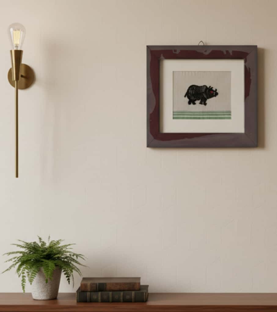 Handcrafted Assamese Embroidered Rhino Wall Art | 100% Cotton Fabric Frame Décor