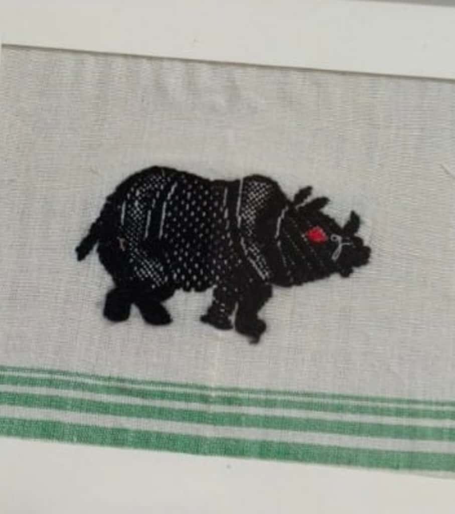 Handcrafted Assamese Embroidered Rhino Wall Art | 100% Cotton Fabric Frame Décor