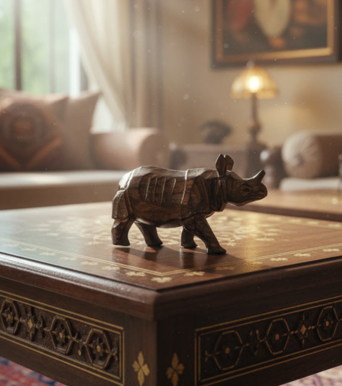 Handcrafted Wooden Rhino - Miniature Assam Rhino Sculpture (3 Inches)