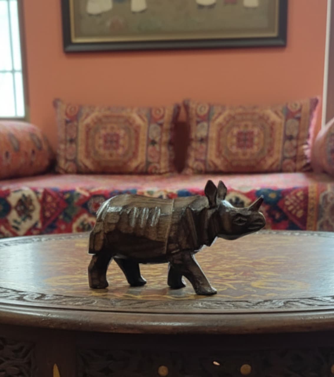 Handcrafted Wooden Rhino - Miniature Assam Rhino Sculpture (3 Inches)