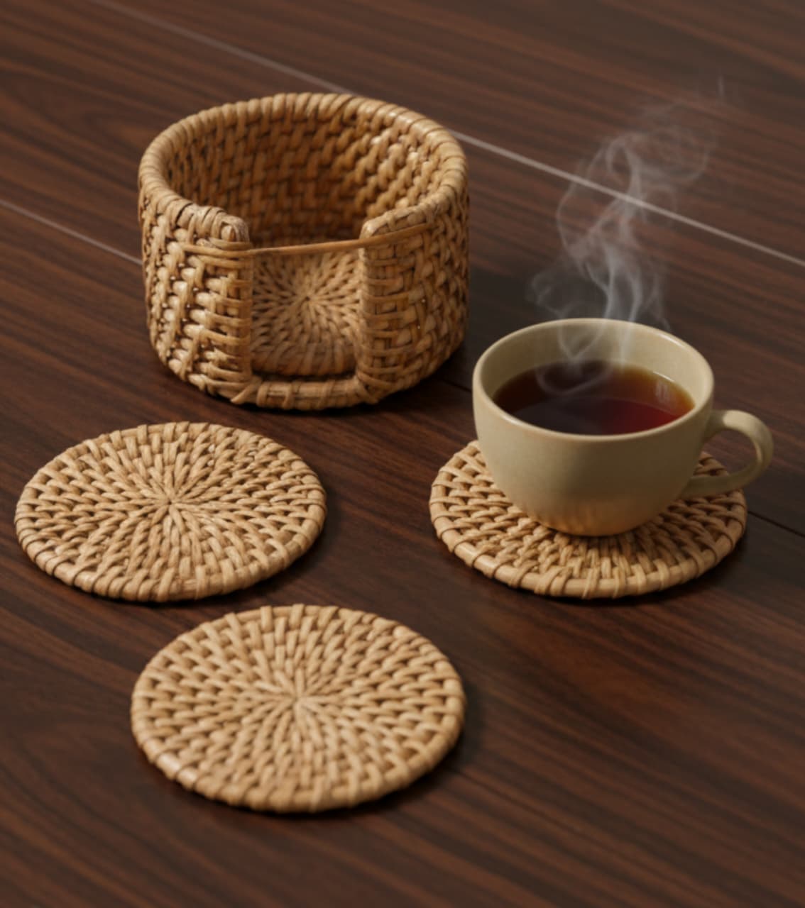 Handwoven Cane Coaster Set with Holder - Eco-Friendly Table Décor (Set of 6)