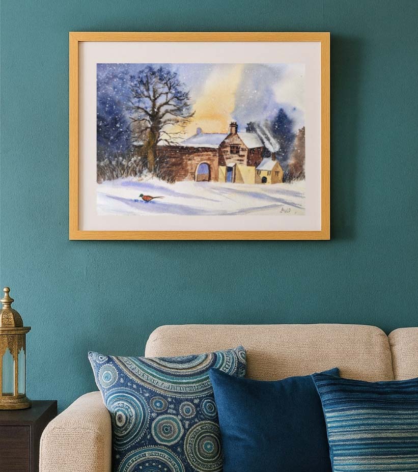 Premium Original Winter Landscape Art – Whispers of Winter at the Inn by Nandita Mishra (12