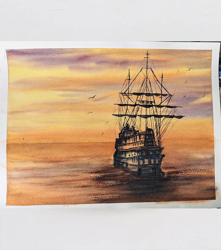 Premium Original Maritime Art – Voyage into Dusk by Nandita Mishra (12"x16" Watercolour on Textured Paper)