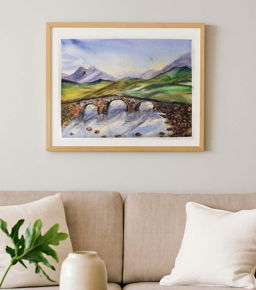 Premium Original Pastoral Landscape Art – The Stone Bridge Chronicle by Nandita Mishra (12"x16" Framed Watercolour)