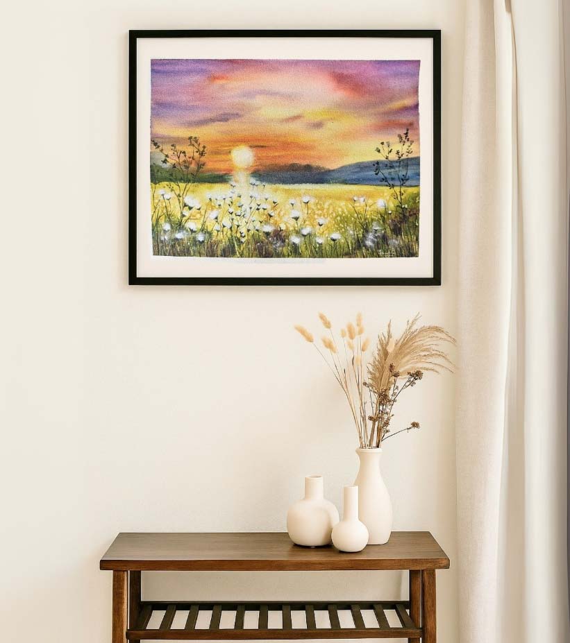 Premium Original Sunset Landscape Art – Golden Whisper of Dusk by Nandita Mishra (12"x16" Framed Watercolour)