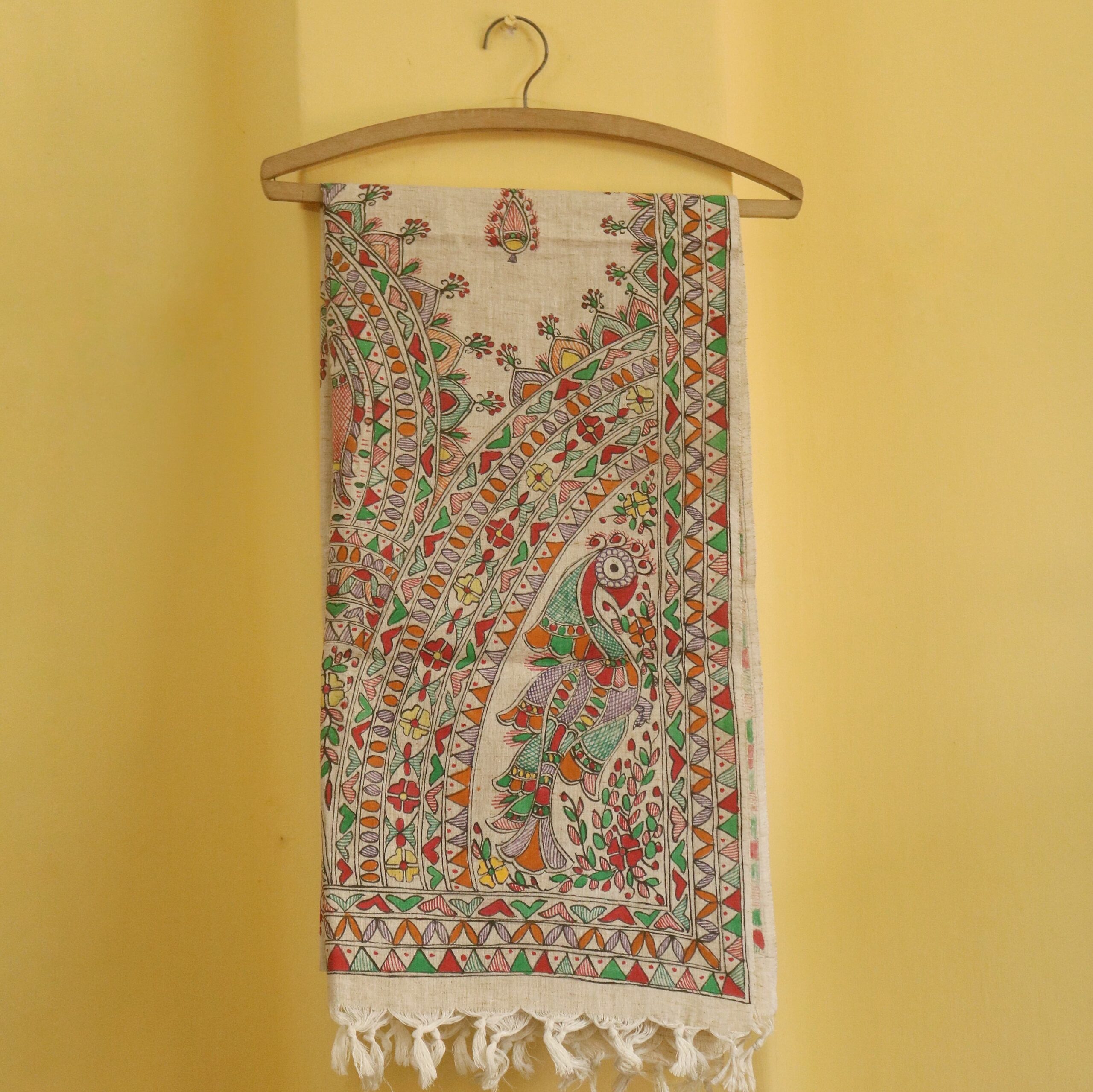 Royal Peacock Madhubani Hand-Painted Cotton Dupatta