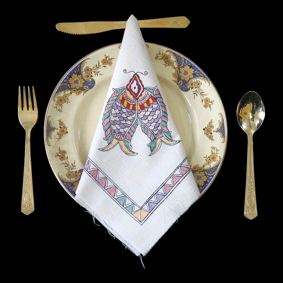 Madhubani Twin Fish Hand-Painted Cotton Dinner Napkin
