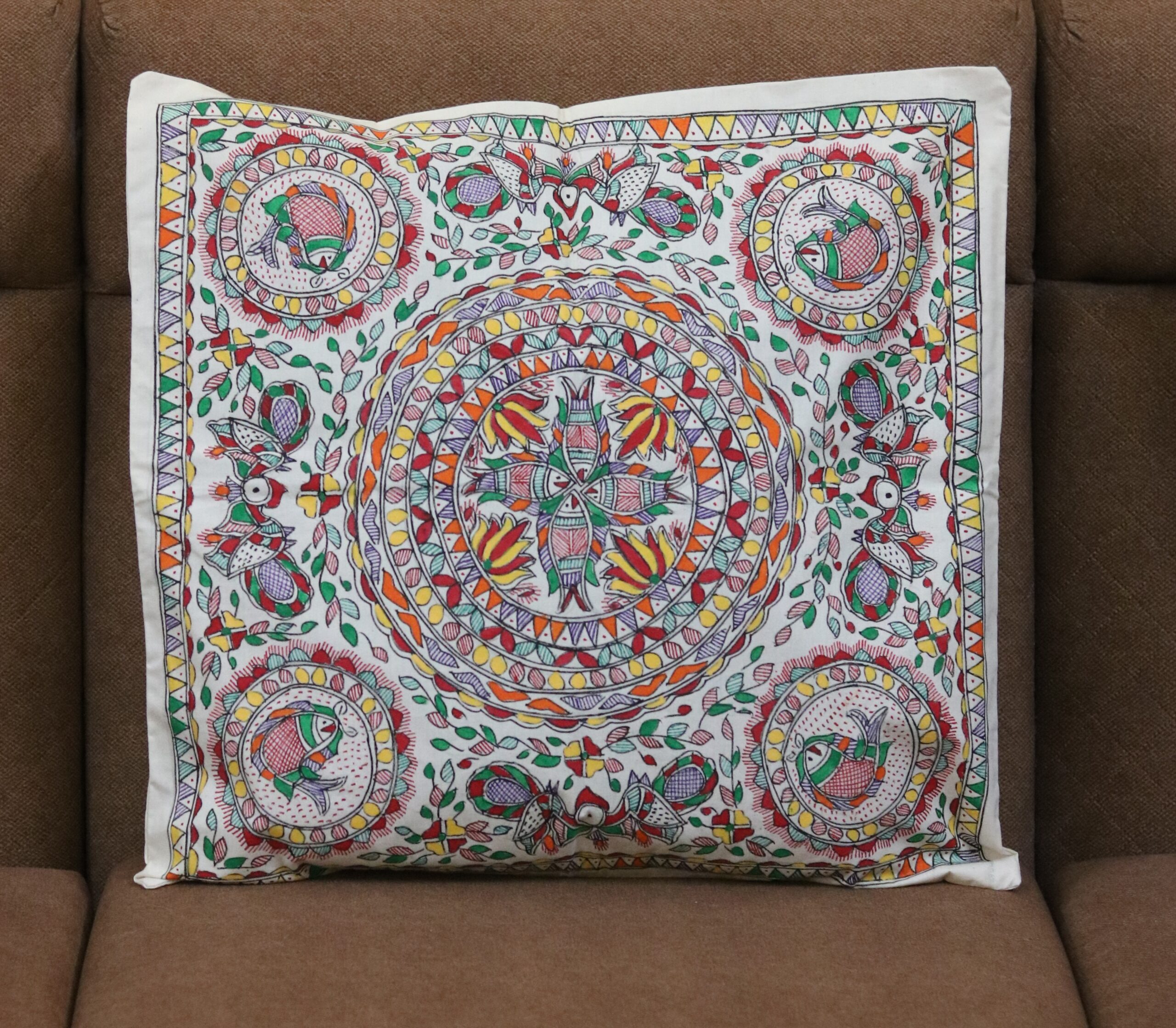 Madhubani Mandala Bloom Hand-Painted Cushion Cover