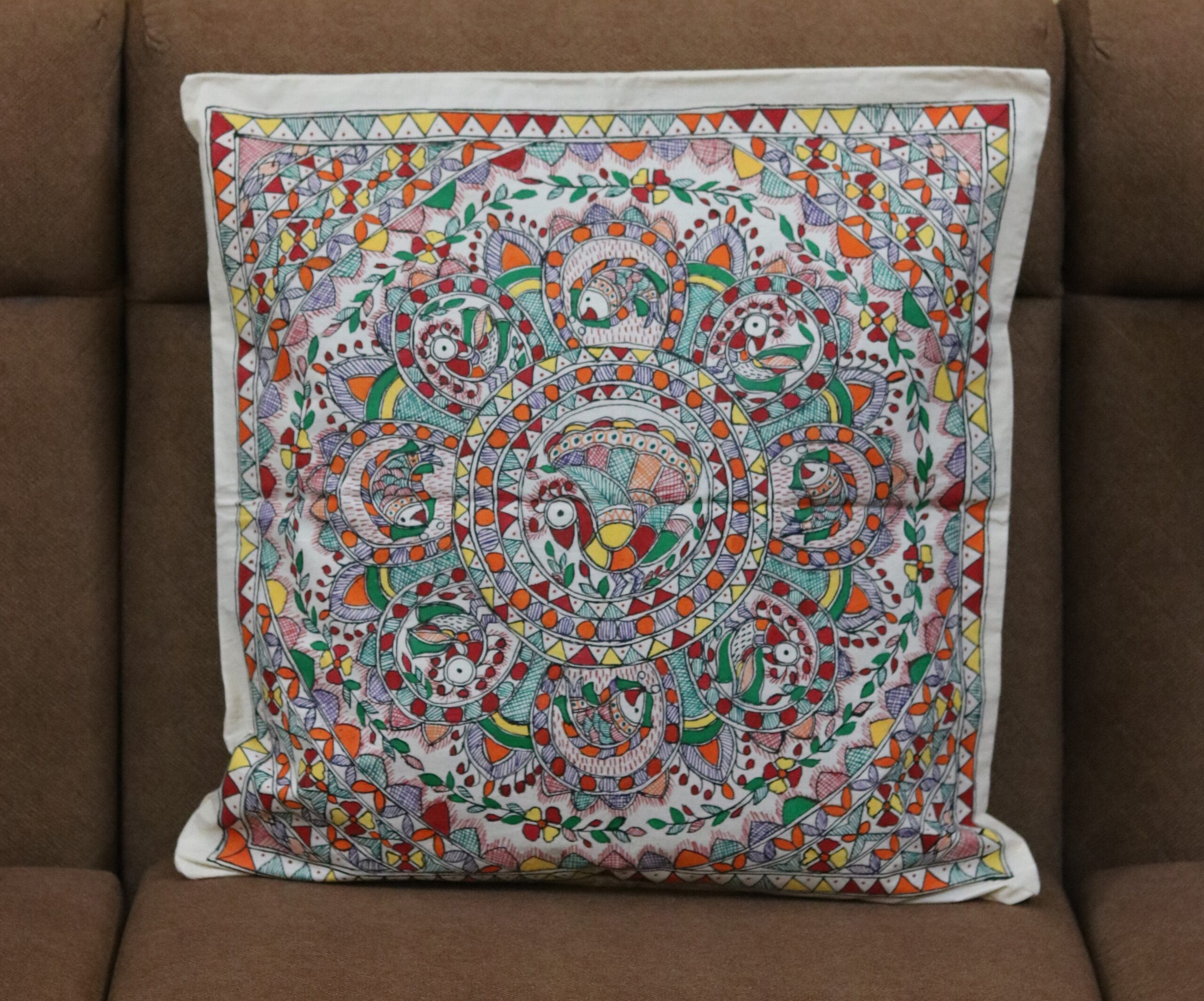 Madhubani Lotus Harmony Hand-Painted Cushion Cover