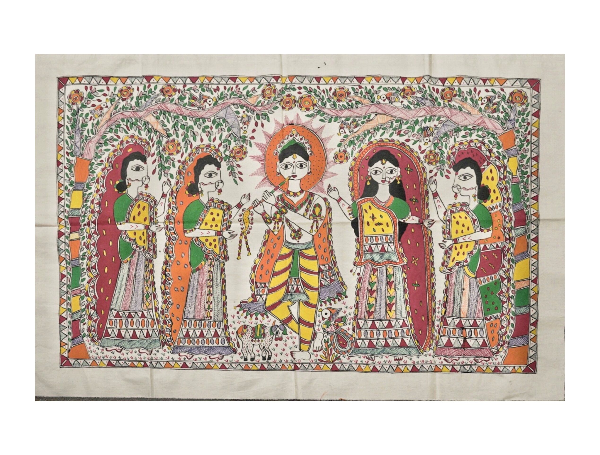 Krishna with Gopis – Divine Harmony” Hand-Painted Madhubani Art