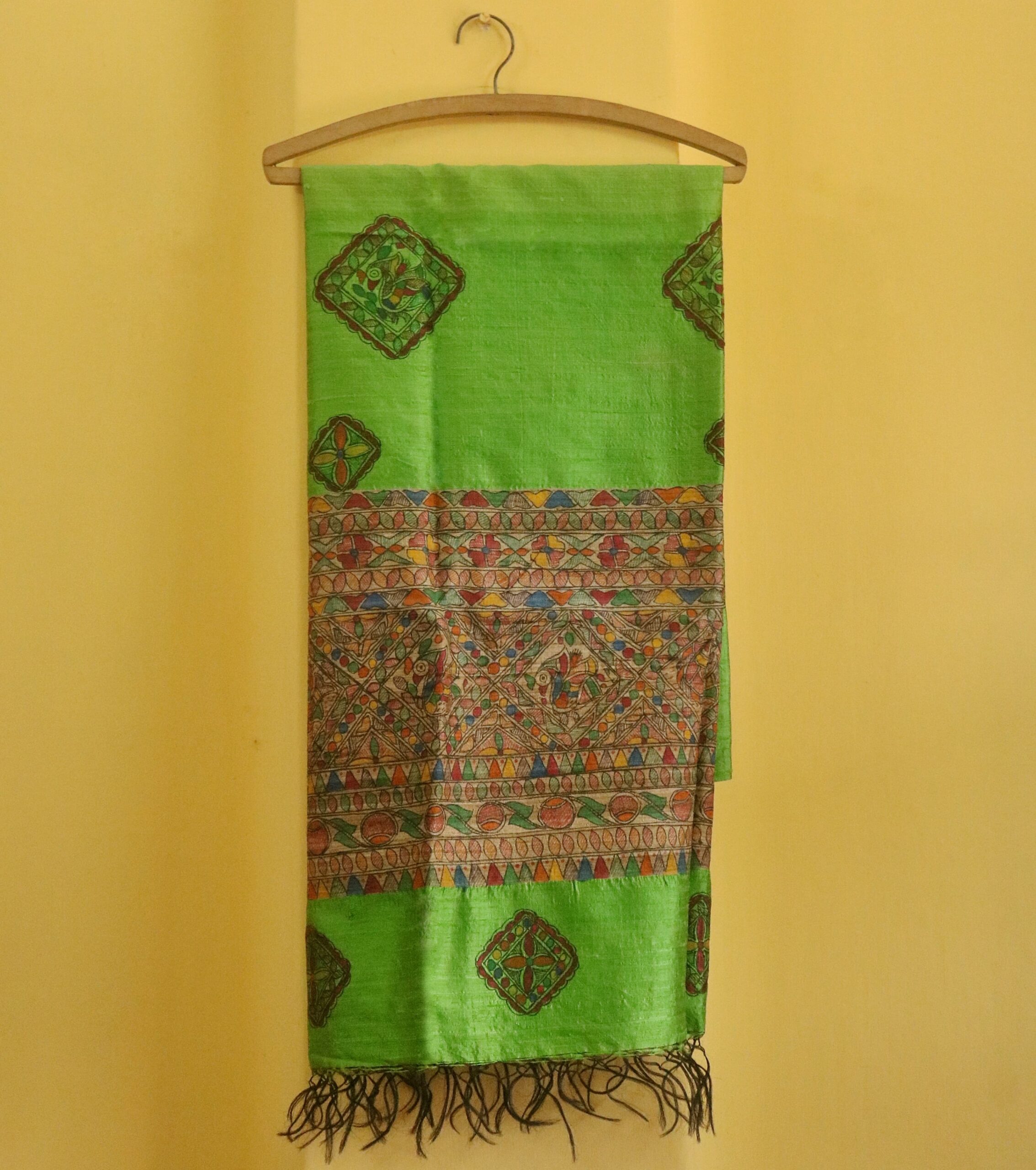 Emerald Heritage – Hand-Painted Madhubani Blended Silk Dupatta