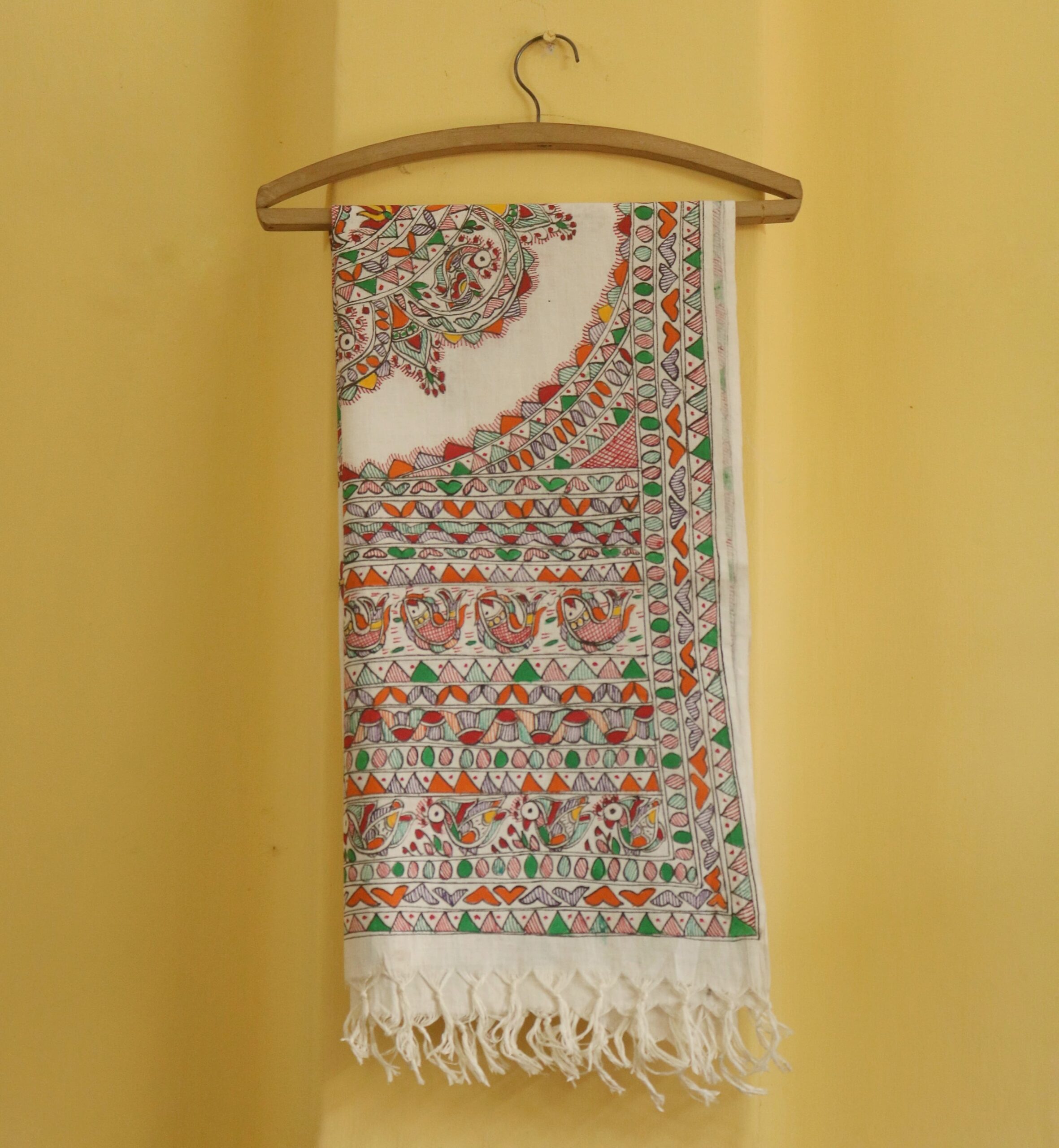 Harmony of Birds – Hand-Painted Madhubani Pure Cotton Dupatta