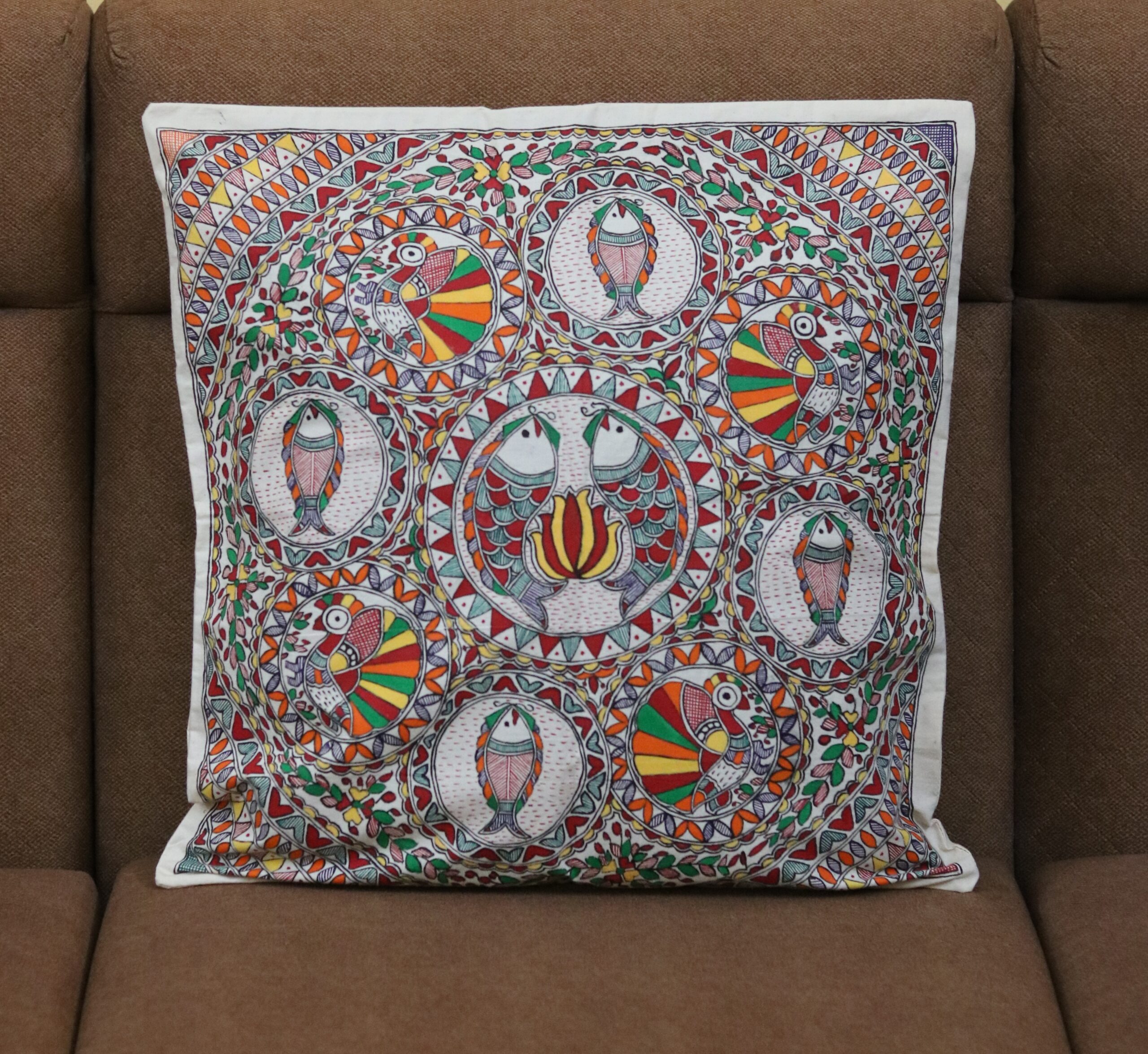 Madhubani Mystic Fish – Hand-Painted Traditional Cotton Cushion Cover