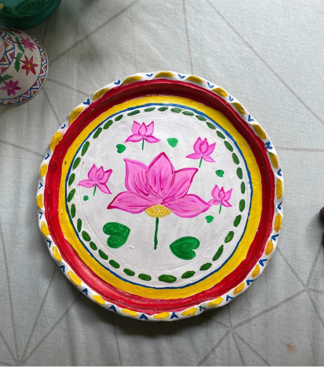 Premium Handcrafted Folk Art Decor – "Palette Whirl" (Lotus Motif) Decorative Plate by Innocent Hand