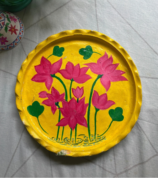 Premium Handcrafted Folk Art Decor – "Palette Whirl" (Golden Lotus Pond Motif) Decorative Plate by Innocent Hand