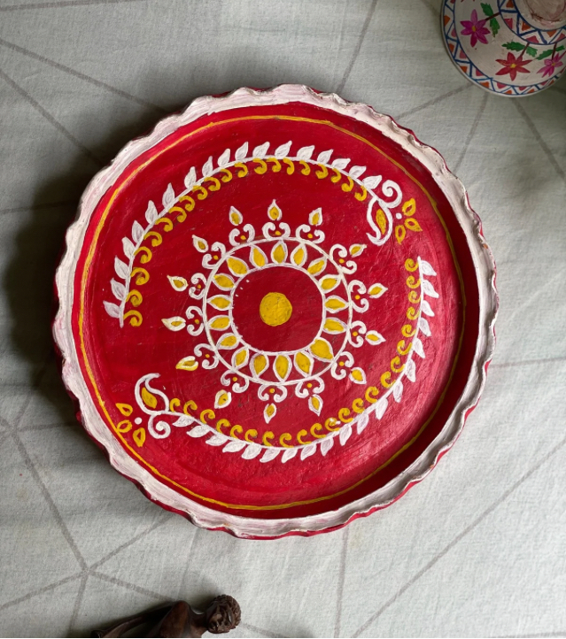 Premium Handcrafted Folk Art Decor – "Palette Whirl" (Crimson Rangoli Motif) Decorative Plate by Innocent Hand