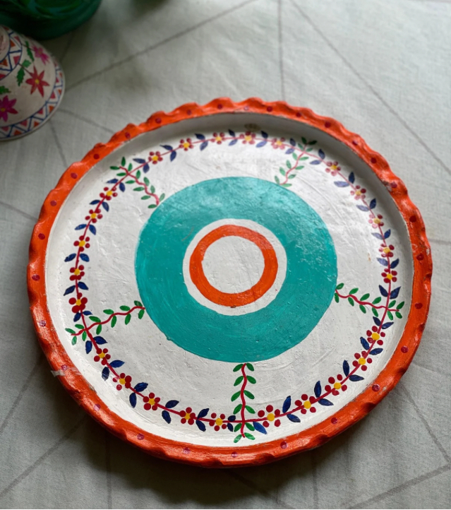 Premium Handcrafted Folk Art Decor – "Palette Whirl" (Turquoise & Floral Vine Motif) Decorative Plate by Innocent Hand