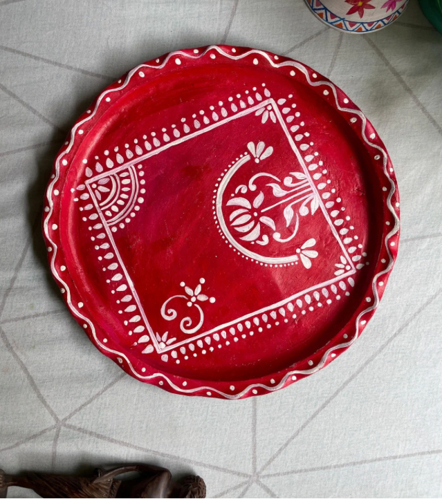 Premium Handcrafted Folk Art Decor – "Palette Whirl" (Traditional Red & White Alpana Motif) Decorative Plate by Innocent Hand