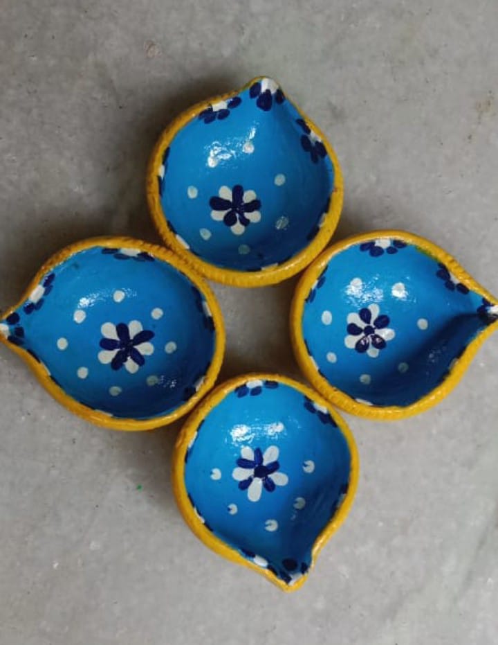 Premium Hand-Painted Terracotta Decor – Blue Petal Diyas "Drops of Joy" (Set of 4) by IndiTemptation