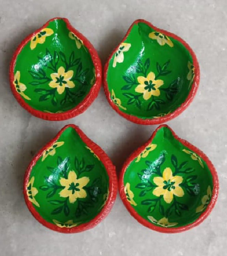 Premium Hand-Painted Terracotta Decor – Green Grace Diyas "Hope in Every Hue" (Set of 4) by IndiTemptation