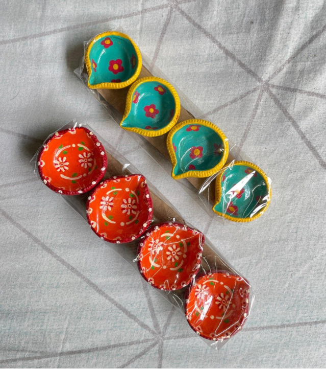 Premium Hand-Painted Terracotta Decor – Handpainted Clay Diya Set (Botanical Folk Art) by Innocent Hands