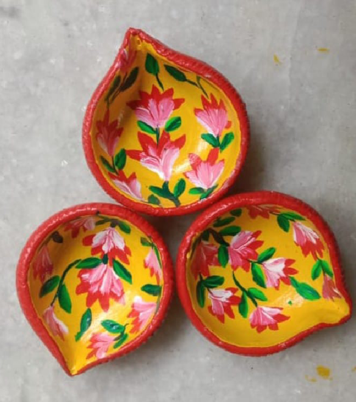 Premium Hand-Painted Terracotta Decor – Handpainted Earthen Diyas "Blossoms of Hope" (Set of 3) by IndiTemptation