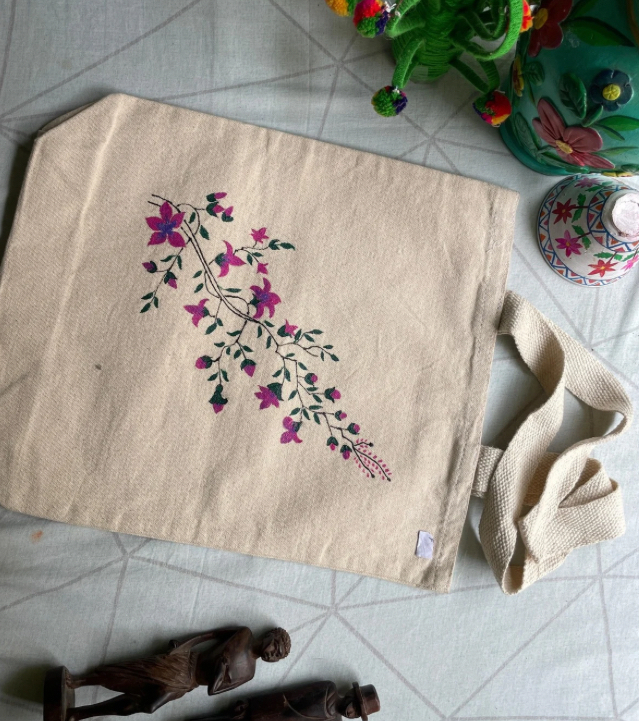 Premium Eco-Friendly Hand-Painted Bag – Handpainted Tote Bag (Magenta Floral Vine Motif) by Innocent Hands