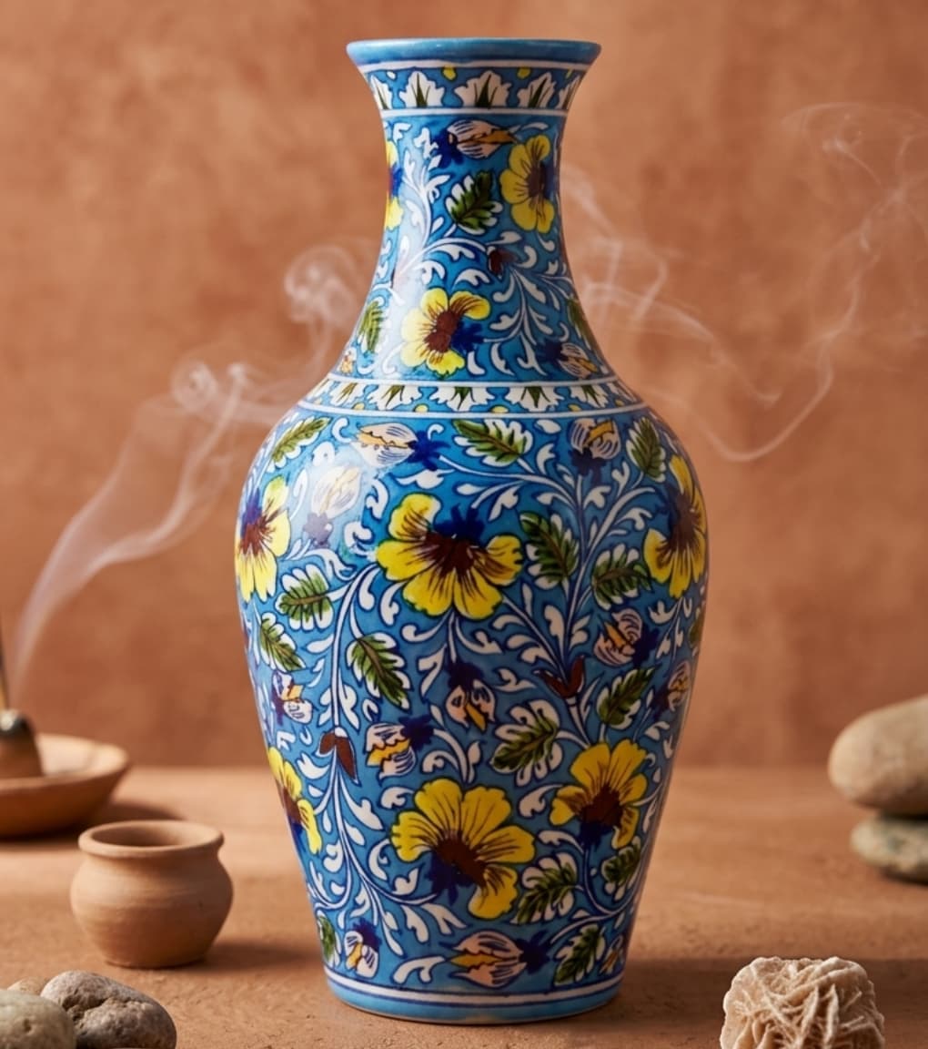 Royal Sunflower Hand-Painted Jaipur Blue Pottery Floral Vase (20")
