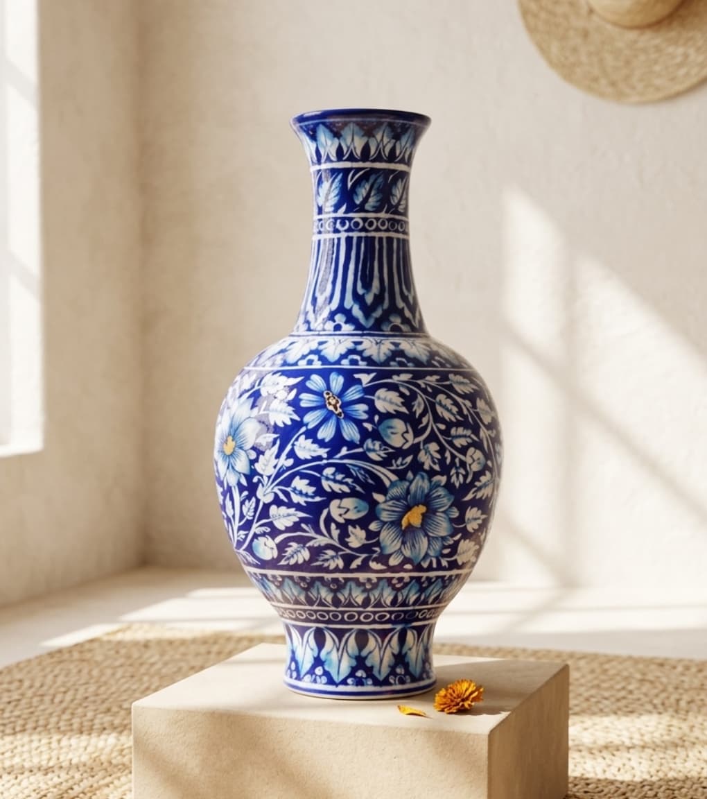 Persian Cobalt Hand-Painted Jaipur Blue Pottery Heritage Vase (18")