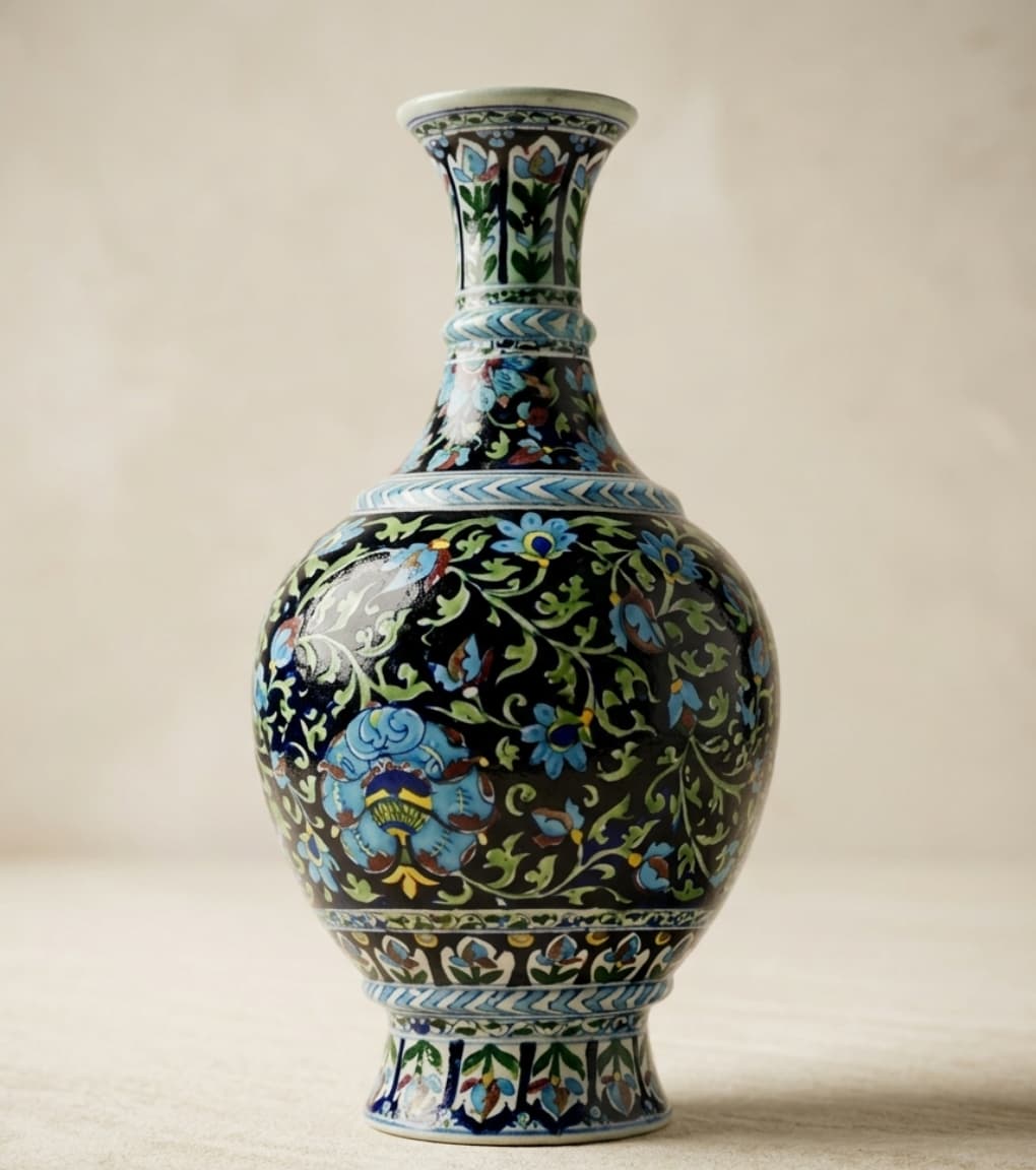 Midnight Onyx & Azure Hand-Painted Jaipur Blue Pottery Heritage Vase (18")