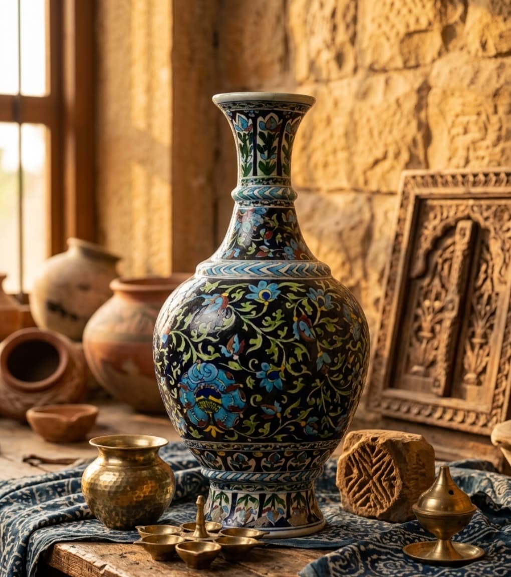 Midnight Onyx & Azure Hand-Painted Jaipur Blue Pottery Heritage Vase (18")