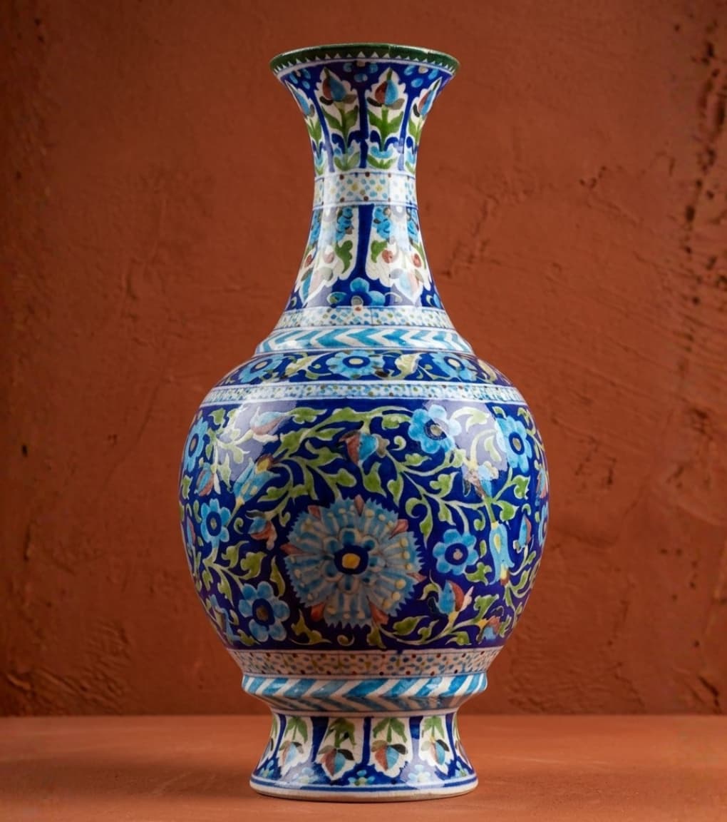 Grand Azure Lattice Hand-Painted Jaipur Blue Pottery Statement Vase (20")
