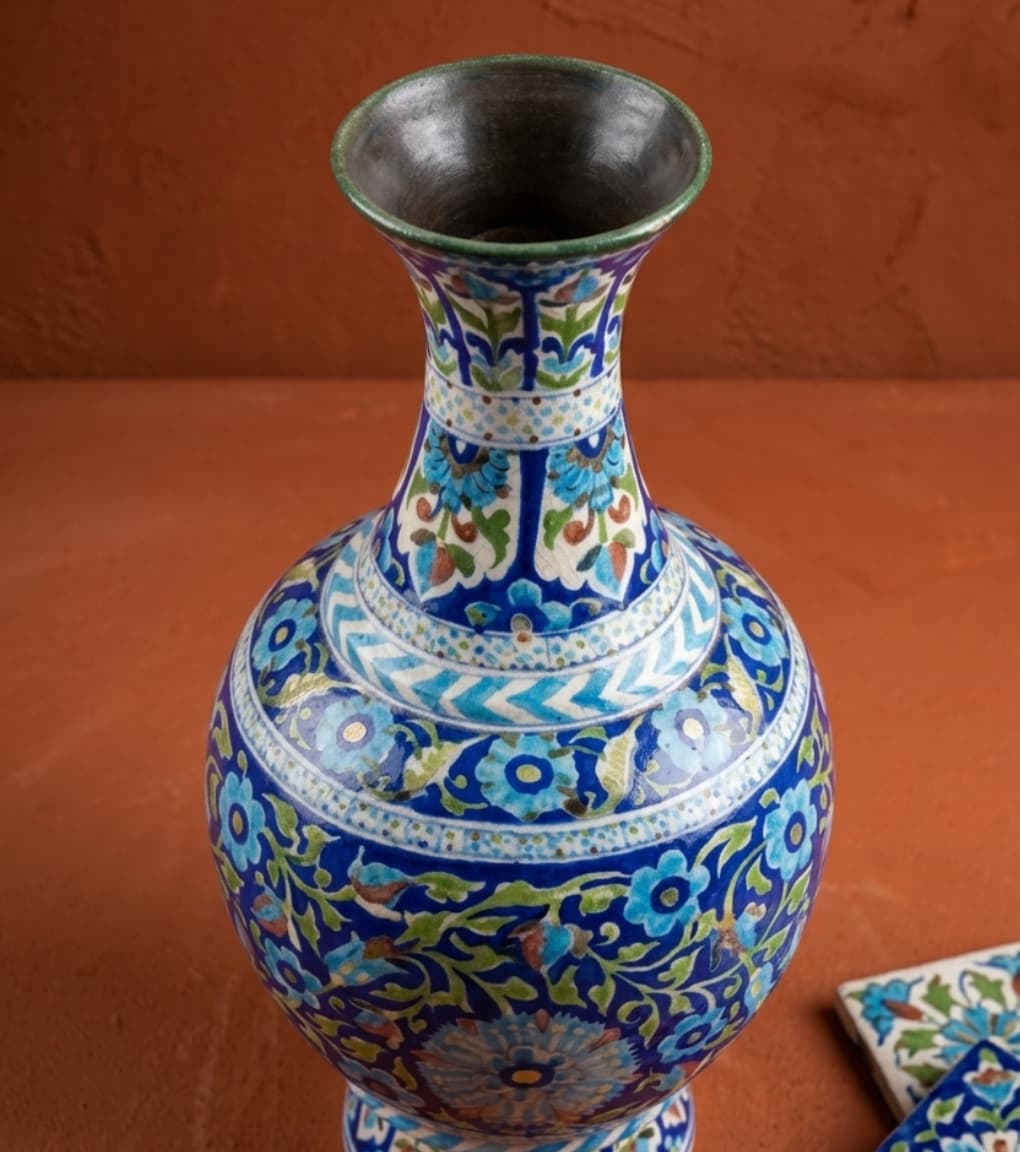 Grand Azure Lattice Hand-Painted Jaipur Blue Pottery Statement Vase (20")